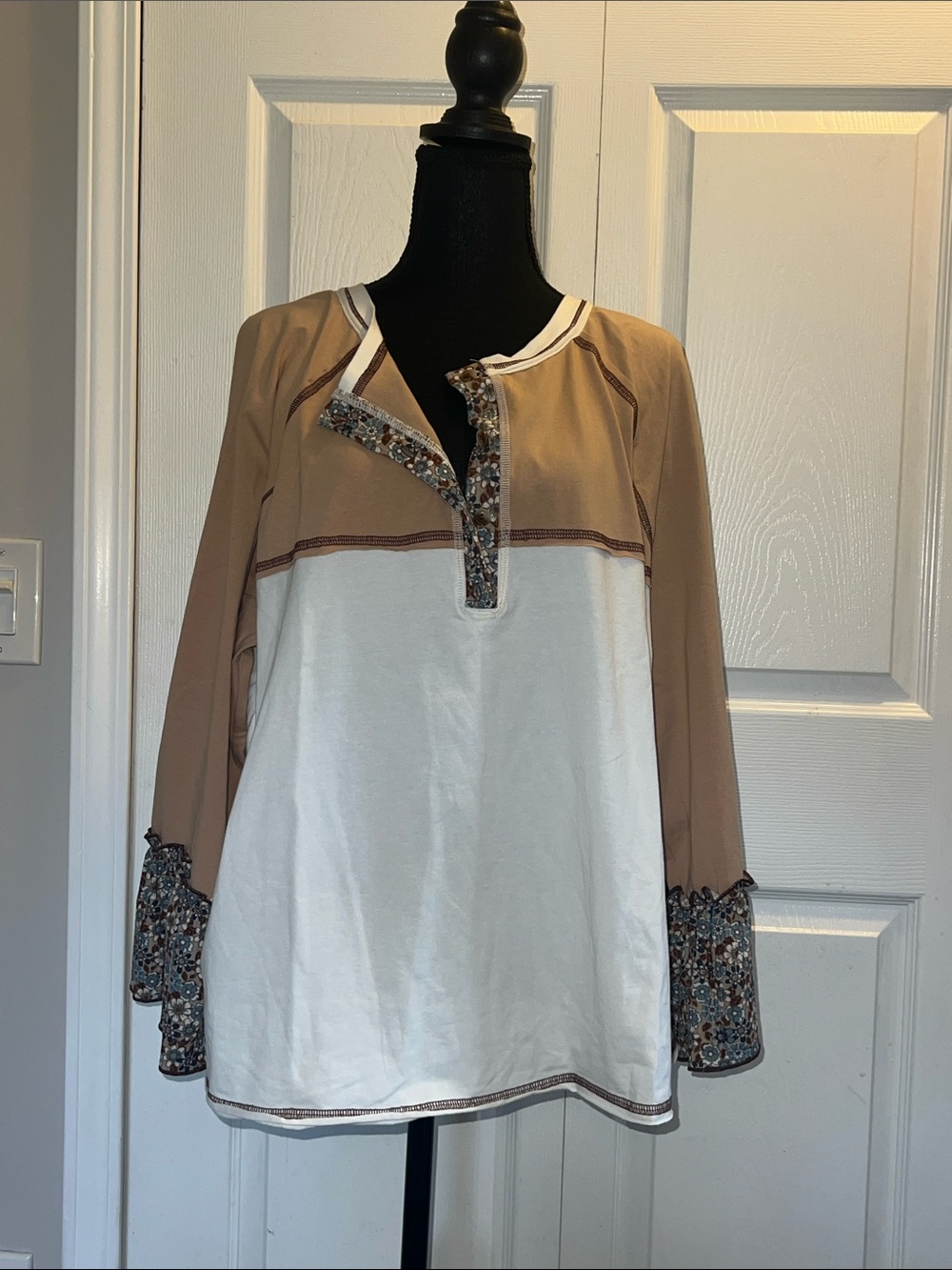 Three Bird Nest Two-Tone Cream and Tan Boho Split-Neck Tunic